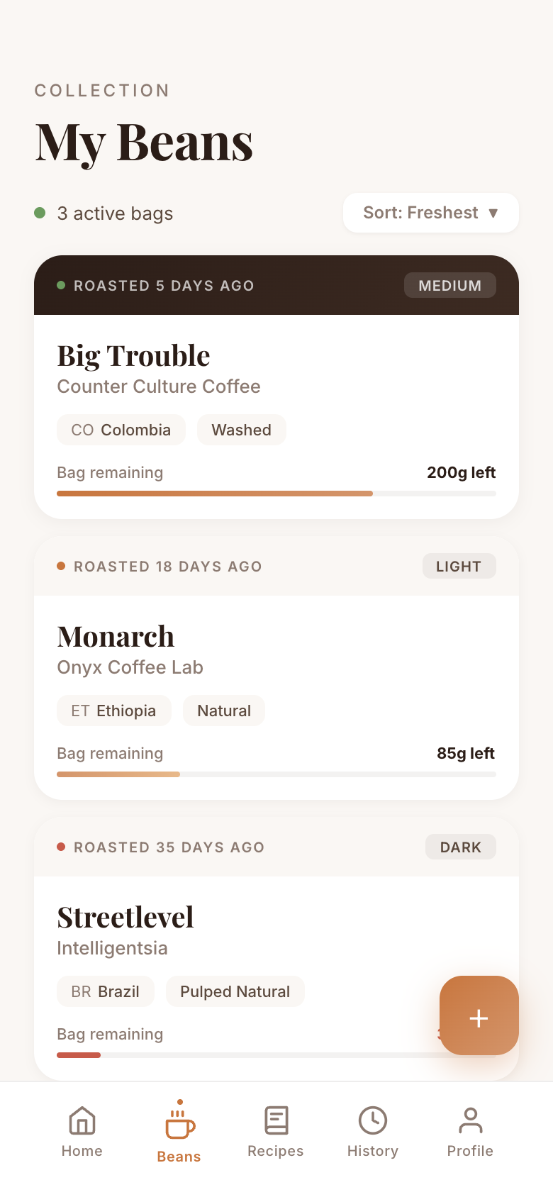 Bean collection with roast freshness tracking