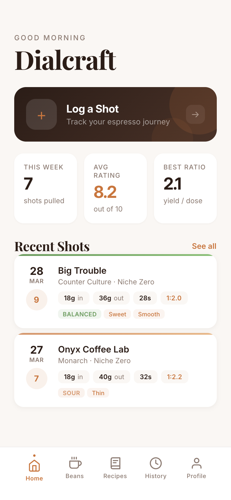 Dialcraft home screen showing shot logging, stats, and recent shots