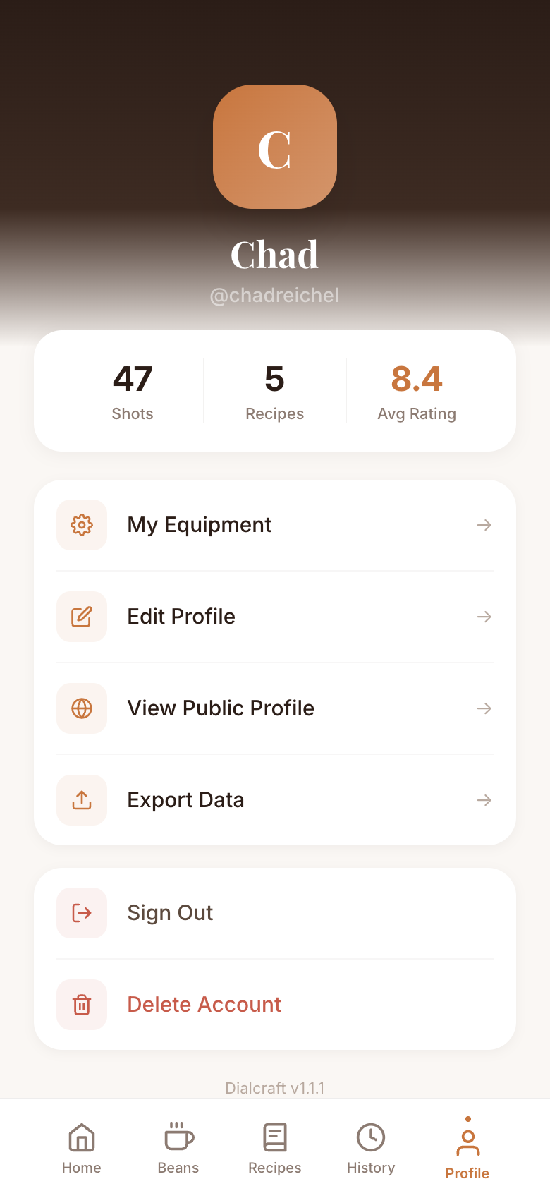 User profile with stats and settings
