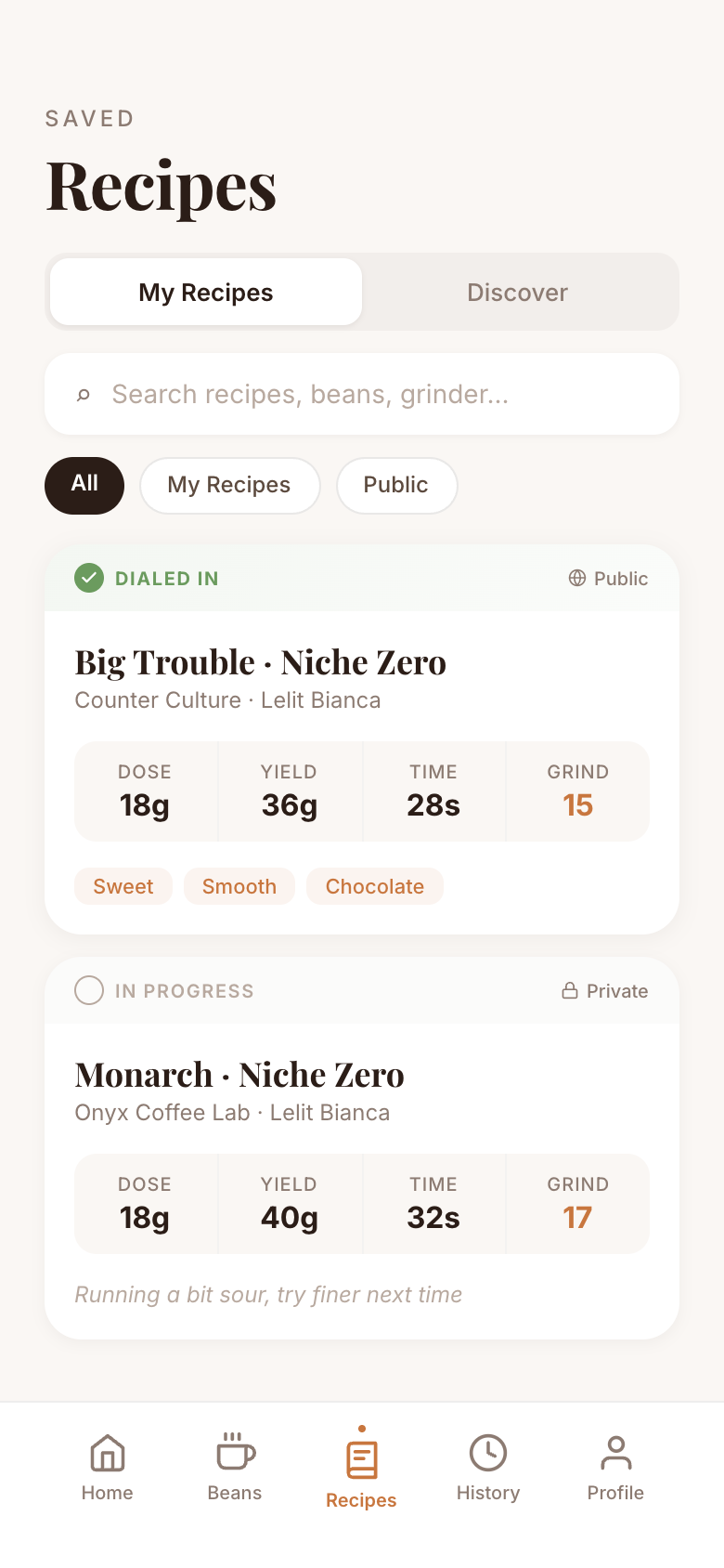 Saved recipes with brew parameters